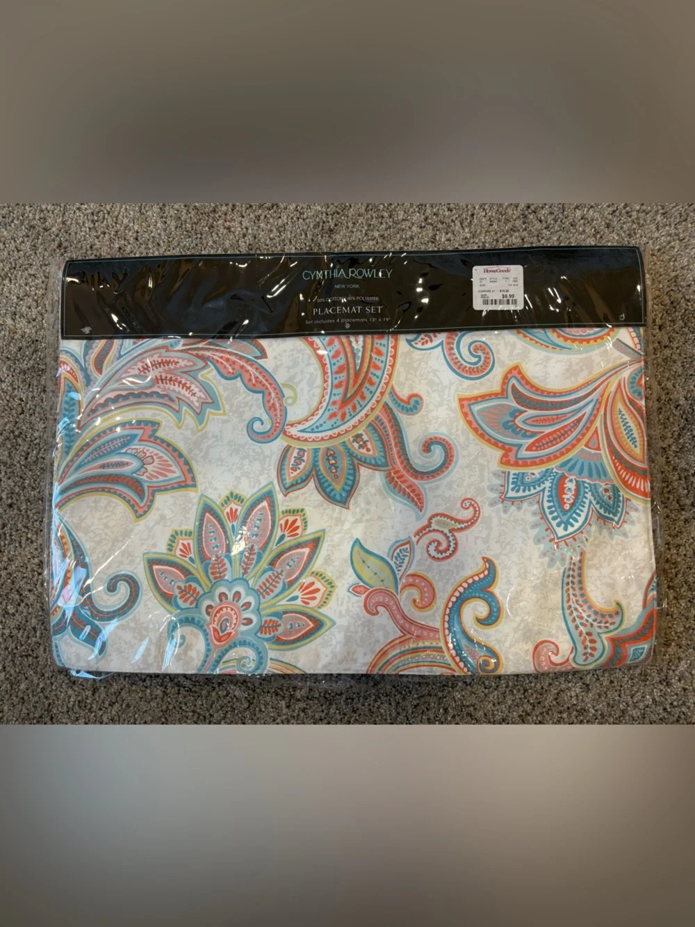CYNTHIA ROWLEY Set of 4 NEW Paisley Floral Placemats 13x19 Aqua Coral NIP